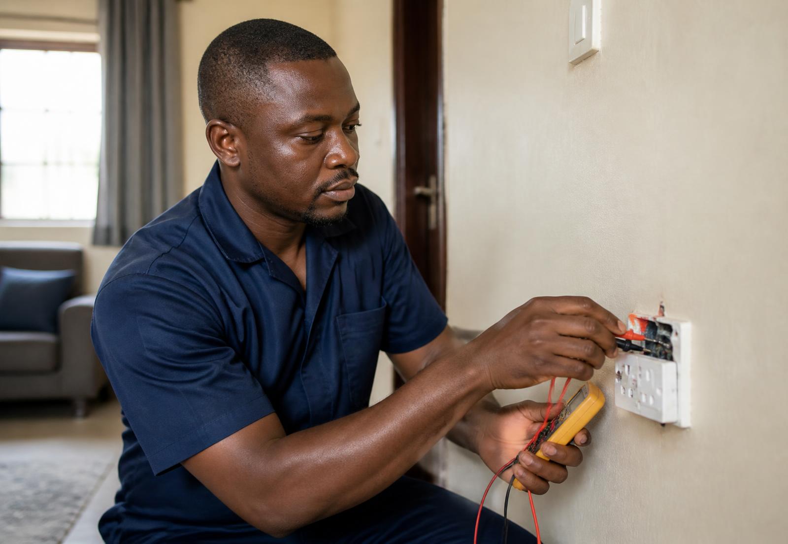 A certified electrician testing a wall socket in a family home in Douala