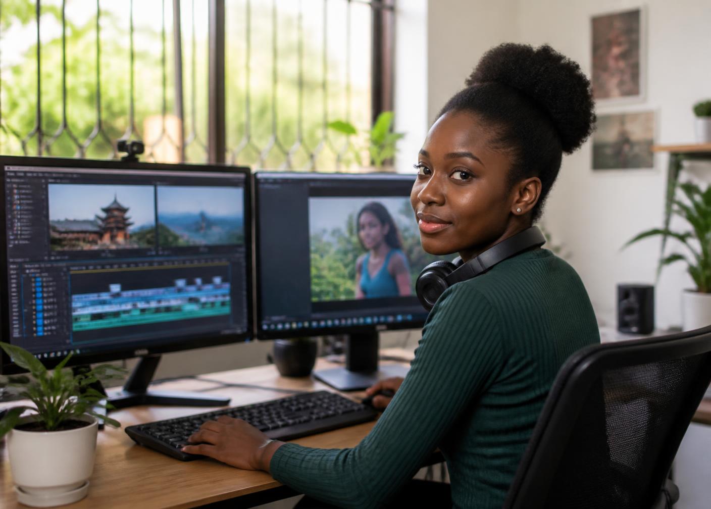 A certified remote video editor working with a client brief in Yaoundé